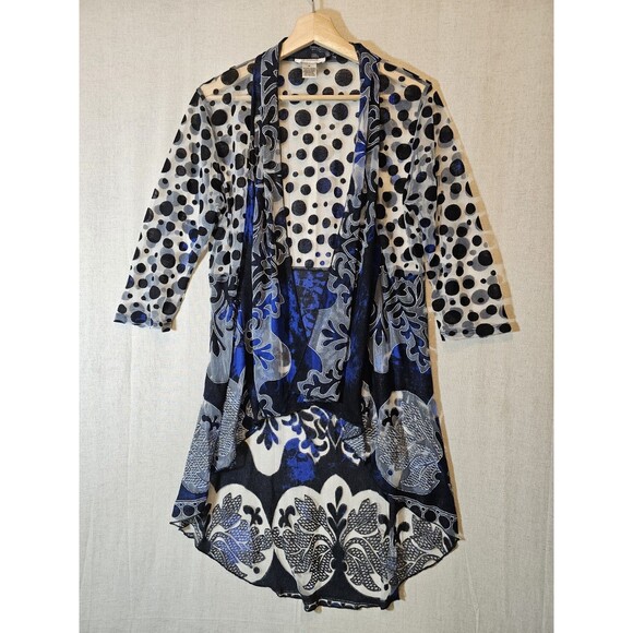 Anis A Cardigan Women Medium Black Blue 3/4 Sleeve Ruffle Fitted Sheer Boho - Picture 1 of 10